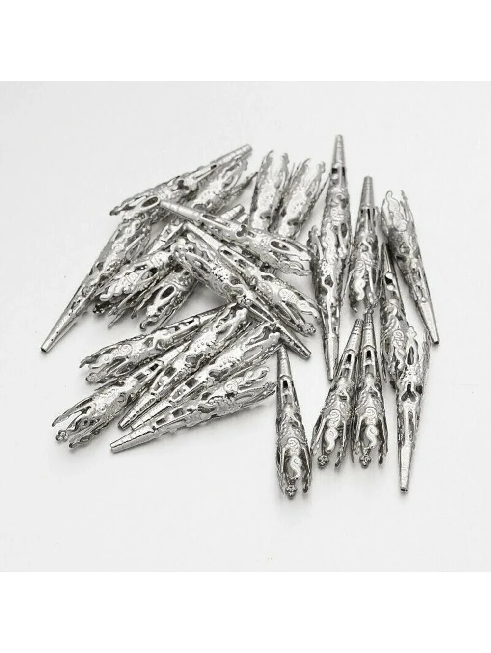 Lacy Filigree Silver Platinum Plated Long Tapered Gothic Victorian Bead Caps 10